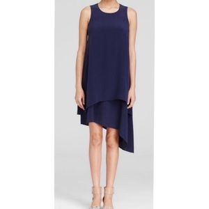Eileen Fisher Silk Georgette Crepe Asymmetrical Layered Gray Midi Dress